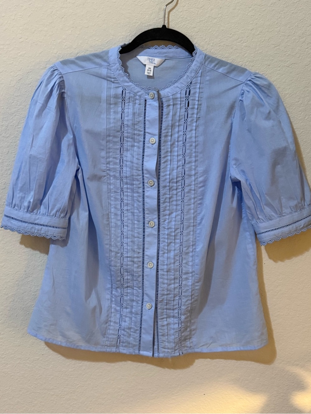 Time and Tru Light Blue Pintuck & Lace Button-Front Blouse